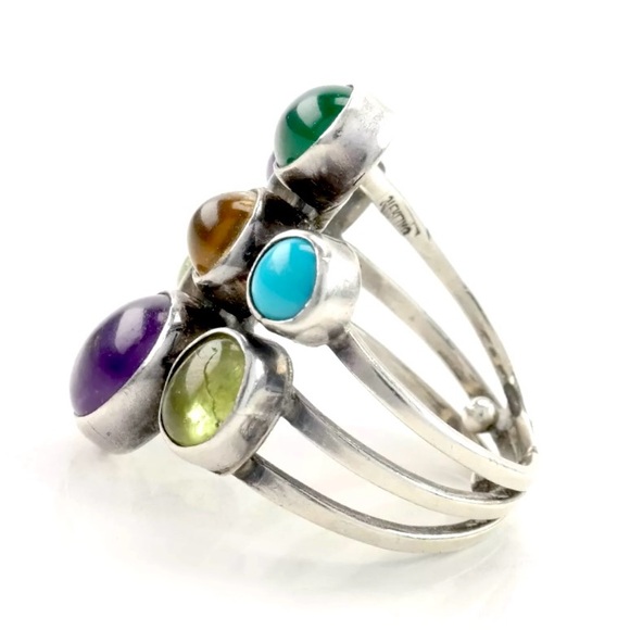 Signed - Gilo & Grace Nakai, Navajo. Vintage Multi Stone Sterling Cluster Ring - Picture 5 of 14